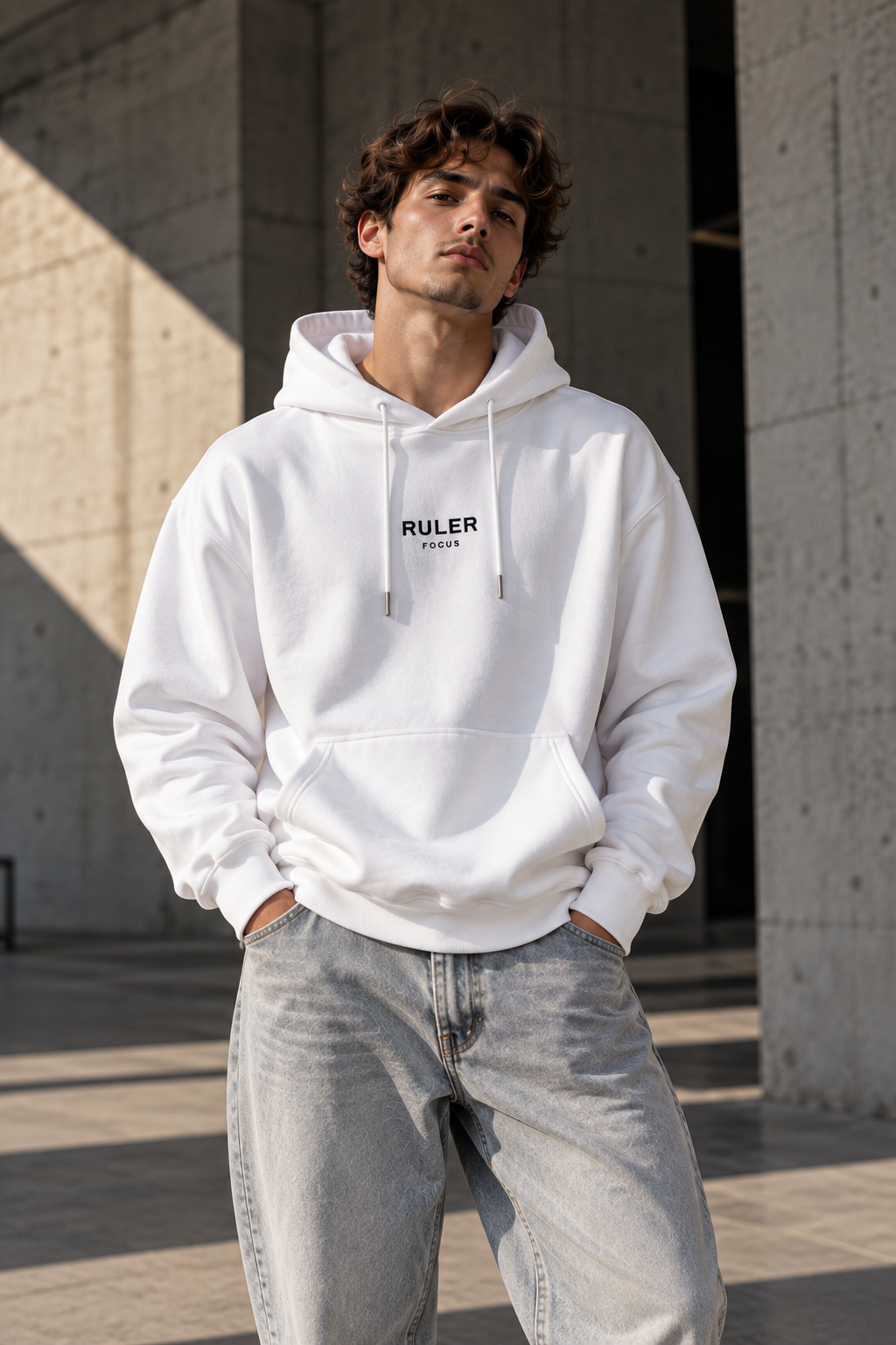 RULER Hoodie Focus White – Model wearing white hoodie in urban concrete setting